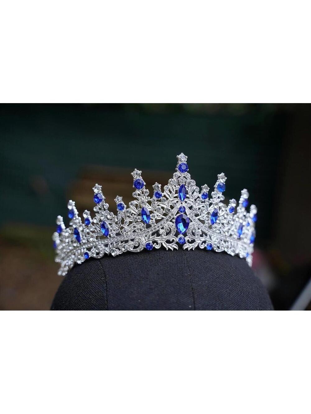 Royal Blue Crystal Tiara Bridal Silver Crown Birthday Wedding Gift Diadem